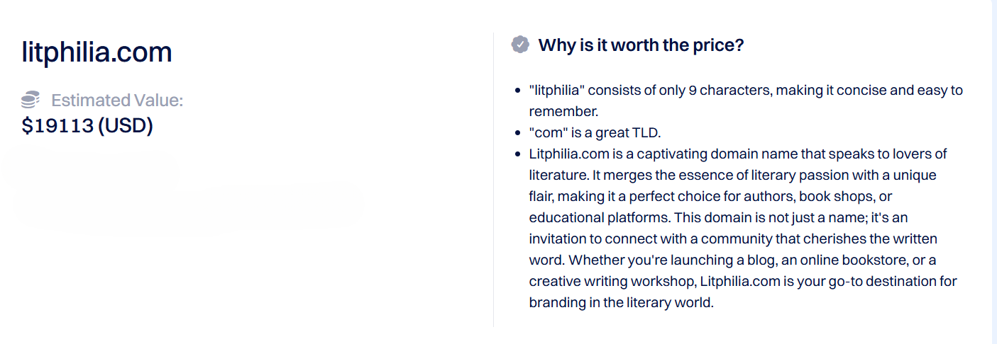 Dynadot domain appraisal showing LitPhilia.com estimated at $19,113 USD